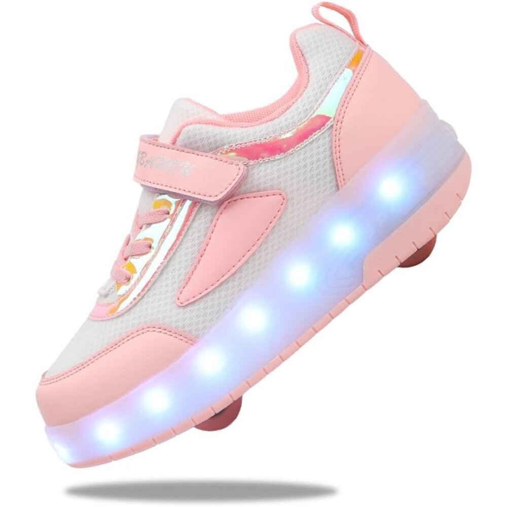 Kids Jv-pink Light-up Roller Shoes With Usb Rechargeable Led Sneakers Shoes